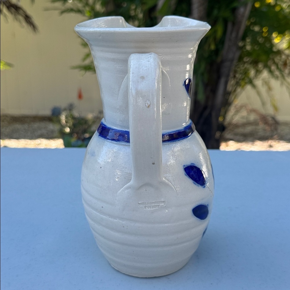 Williamsburg Pottery White Ceramic Pitcher with Blue Floral Leaf Accents, Signed - Picture 4 of 5